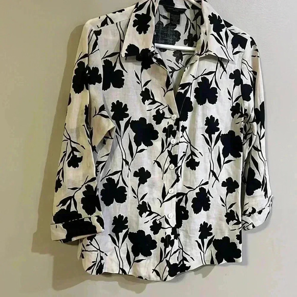 [PL] Anne Carson Petite Linen Black  Floral L/S Button Down Shirt - Picture 1 of 9